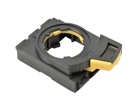 Omron A22NZ monteringsramme til trykknap, sort plastkonstruktion med gule detaljer til sikker fastgørelse.