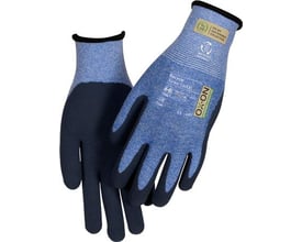 OX-ON Recycle Supreme 16602 flexhandske, str. 10, fremstillet af genbrugspolyester med blå tekstur og mørkeblå nitrilbelægning.