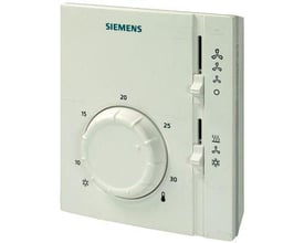 Siemens RAB31.1 elektromekanisk rumtermostat med temperaturhjul og valgknapper til varme, køling og ventilator.