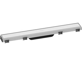 Hansgrohe afløbsrende på 600 mm med hvid mat overflade i rustfrit stål, vist med justeringsklemmer.