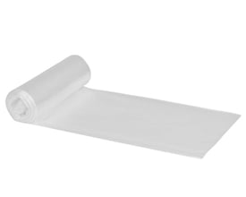 Foldet, transparent spandepose i LDPE rullet delvist ud, med målene 600 x 850 mm.