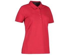 ID Identity dame polo i rød stretch single jersey, størrelse M, med skjortekrave og knaplukning.