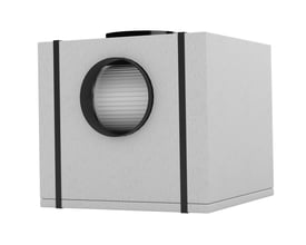 TX Loft II ekstern motor i hvid med grå tekstur og sorte kanter, med rund cirkulær åbning.