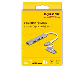 Emballagen viser DeLock 4-port slim USB-hub med tre USB 2-porte, én 5 Gbps-port og Type-C/A-stik.