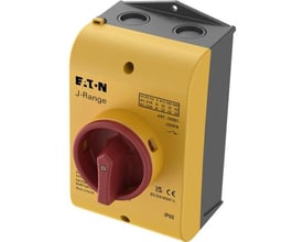 Eaton nødafbryder J-Range, 32A, 3P+N, IP65 kapslet med rødt aflåseligt håndtag på gul og sort baggrund.