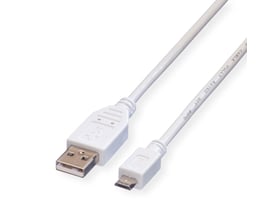 Hvidt USB 2.0 A-Micro B kabel på 3,0 meter, med stik i begge ender og mærket med 'CABLE FULLY RATED 30V 80C'.