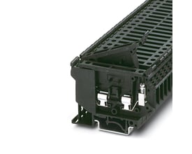 Nærbillede af sikringsrækkeklemmen UK 5-HESI, viser detaljer ved skruetilslutningerne og den sorte plastkonstruktion.