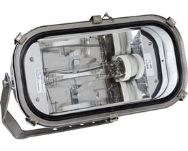 Robust industriarmatur fra Wareco med beskyttelsesglas og justerbar monteringsbøjle, ideel til udendørs brug.