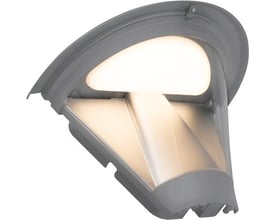Gråt Pave Wall Top-vægarmatur fra Hide-a-lite set skråt forfra med lysende, opalhvide flader.
