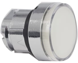 Schneider Electric ZB4BW31 lampetrykshoved i hvid med krom finish, der viser LED-lyset og 22mm monteringsdiameter.