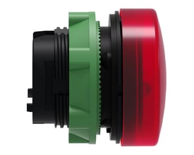 Schneider Electric ZB5AV043 LED lampehoved i rød, vist fra siden med grønne og sorte monteringsdele.