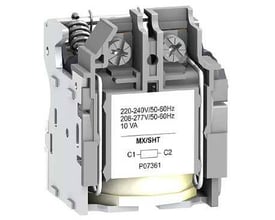 Schneider Electric Spole MX shunt trip udløser med 220-240V AC styrespænding, viser teknisk label og interne komponenter.
