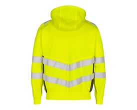 FE Engel sweatcardigan 8025 i gul/sort, klasse 2, visning af bagsiden med reflekser omkring liv og ærmer samt synlig hætte.