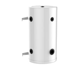 KN Mini HC 85l buffertank i hvid, væghængt model med sorte tilslutningsstudser og monteringsbeslag på hvid baggrund.