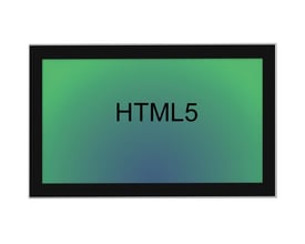 23,8" industriel touch skærm fra Taicenn viser "HTML5" på en grønlig-blå gradient baggrund med sort ramme.