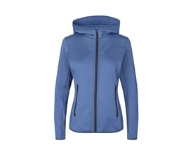 ID Identity sporty fleece cardigan til damer i stormy blue, størrelse 3XL, med hætte og YKK lynlås.