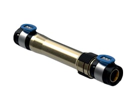 Geberit FlowFit reparationskobling, 32 mm, vist fra siden med fokus på de blå låseclips.