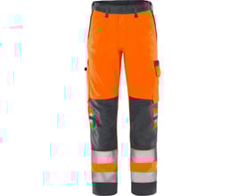 Kansas Fristads Green Hi-Vis bukser kl.2 2651 GPLU i orange/grå med reflekser i str. D112, vist forfra.