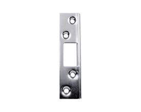 Assa Abloy slutblik til kasseløsning med kromfinish, rektangulær åbning og fire skruehuller, set forfra.