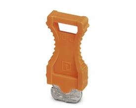 Detaljeret billede af et orange Phoenix Contact P-DI skillestik, der viser den skridsikre overflade og monteringsmekanisme.