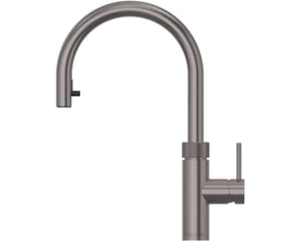 Quooker Flex Round-armatur i gunmetal med høj, buet C-tud og greb på siden, set forfra.