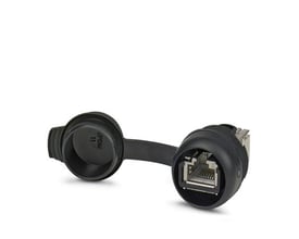 Phoenix Contact datagrænseflade SI-RND-R1A, en RJ45 Cat6A bøsningsdel med beskyttelseslåg åben. Den viser et 8-polet metalstik og tydeligt mærket EPDM.