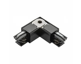 SpectrumLED SPS DALI L connector i aluminium med sort, vinklet udformning og to tilslutningsender, set skråt ovenfra.