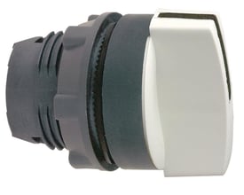 Sidevisning af Schneider Electric ZB5AD2 drejegreb, der fremhæver det korte, sorte greb og den hvide markering på en grå baggrund.