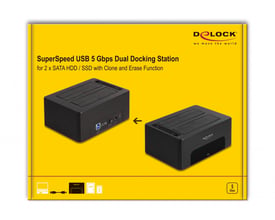 DeLOCK Dual Docking Station til 2 x SATA HDD/SSD med Clone og Erase funktion præsenteret i gul emballage.