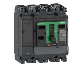 Schneider Electric ComPacT NSX100NA 4-polet lastadskiller med en mærkestrøm på 100A og en driftsspænding på 690VAC, vist fra fronten med betjeningshåndtag og mærkater.