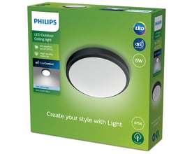 Philips Doris loftlampe i sort, 6W LED med 4000K og IP44 klassificering, præsenteret i original emballage med produktinformation.
