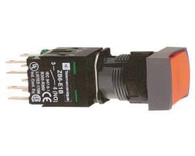 Schneider Electric rektangulær trykknap med planforsænket front i rød plast og sort base med tilslutningsben.