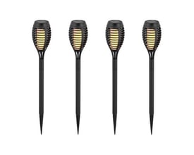 Fire V-TAC solcelle havelamper i sort med flammeeffekt, vist enkeltvis på hvid baggrund med spyd.