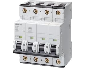 Siemens SENTRON 5SY 4-polet automatsikring med fire sorte vippekontakter og synlige tilslutningsskruer.