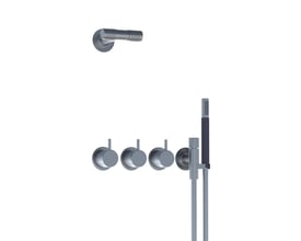 Vola 5471R-081D-27 termostat til indbygning med brusehoved og tre greb på hvid baggrund.