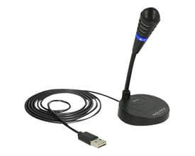 Sort Delock kondensatormikrofon med fleksibel svanehals, rund base, blå lysring og USB-stik på ledningen.
