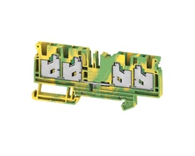 Detaljeret billede af Weidmüller S4C 4 PE gennemgangsklemme, der viser snap-in mekanismen og de fire tilslutningspunkter på 4mm².