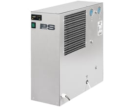 Flair køletørrer PS9 i grå metal, 900l/min, med kontrolpanel, PS logo og ventilationsgitter.