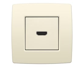 Niko HDMI udtag til stikmontage i cream farve, viser fronten med det sorte HDMI-stik og diskret Niko logo.