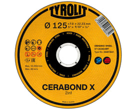 Tyrolit CERABOND X 2-i-1 skrubskive til stål og rustfrit stål, 125x4x22,23mm, med EAN-stregkode og sikkerhedssymboler på gul baggrund.