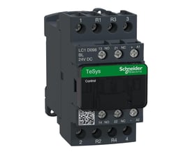 Schneider Electric TeSys D 9A kontaktor med 2P+2Pb konfiguration og 24V DC-spole, set fra siden på en hvid baggrund.
