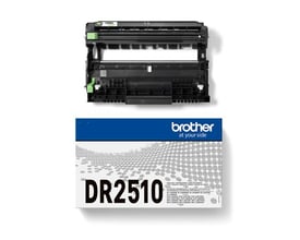 Brother DR2510-tromleenhed i sort med grønne detaljer vises sammen med originalemballagen.