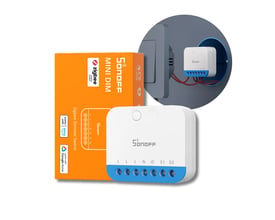 Sonoff MINI-ZBDIM Zigbee-lysdæmper til indbygning med hvidt modul, orange emballage og illustration af montering.