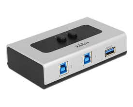 Delock manuel, bidirektionel USB 3.0-switch med to valgmuligheder, blå stik og sølvfarvet kabinet.