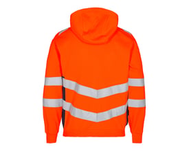 Engel trøje 8025-241 bagfra i stærk orange med blå detaljer på siden og reflekterende bånd på ærmer og ryg.
