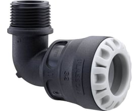 Push-in vinkel NP 25 x 3/4" i sort plast med hvidt spændehus og udvendigt gevind.