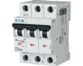 Eaton PKZM0-XRH automatsikring med tre sorte vippekontakter og røde/gule markeringer, monteret på DIN-skinne.