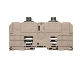 Weidmüller Kabelskoklemme WFF300 i beige, viser bolt klemme design og 2x M16 geving. Bredde 55 mm, dybde 163 mm.