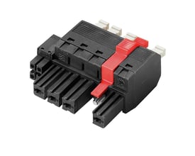 Weidmüller hybridkonnektor med fire poler og rød PUSH IN-aktuator, set skråt forfra.