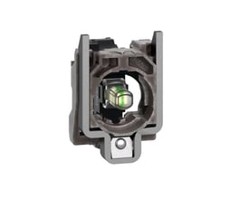 Forfra-visning af Schneider Electric ZB4 LED lampekrop med hvid integreret LED og indgraveret modelnummer ZB4BZ009.